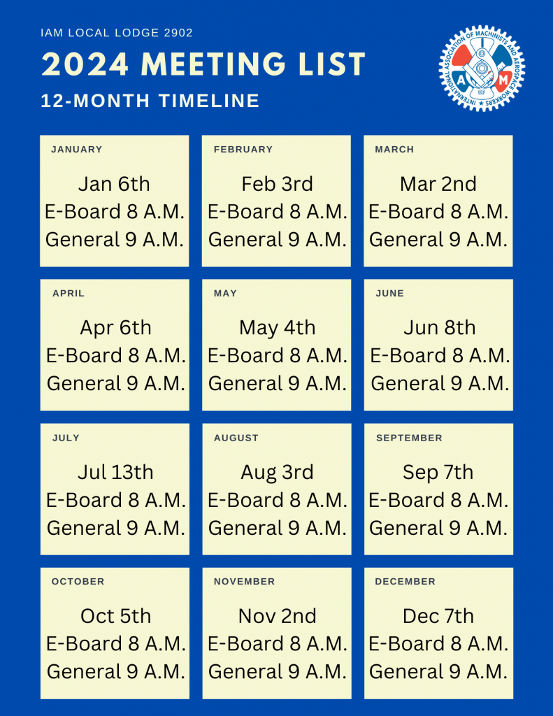 Brothers and sisters of Local Lodge 2902.  Here is your tentative meeting schedule for 2024.  The Place is The Airport Hilton Garden Inn.  1144 Airport Blvd, Pensacola, FL 32504.  