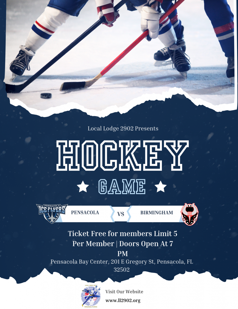 Join us for a hockey game Feb 2nd, 2024.  7pm @ Pensacola Bay Center Tickets free for members limit 5.