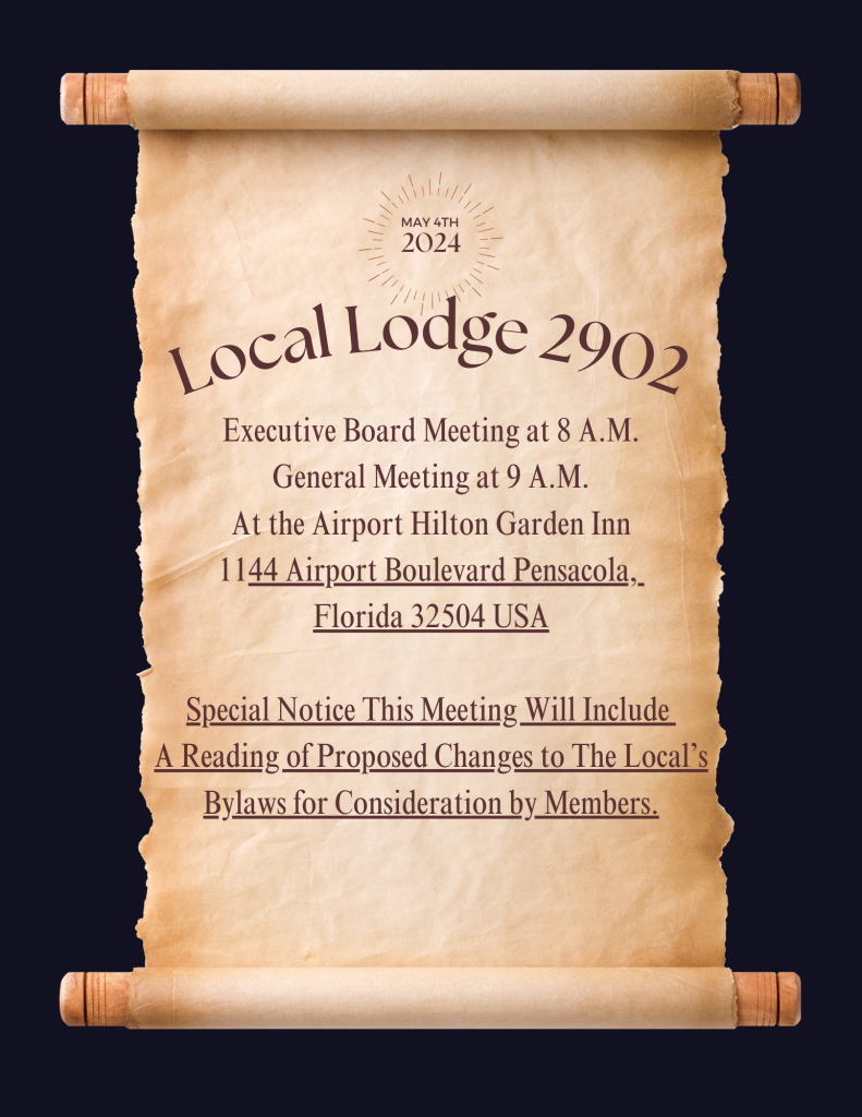 May E-Board Meeting @ 8AM. General Meeting @ 9AM. At the Airport Hilton Garden Inn.  This meeting will include a reading of porposed bylaws changes.